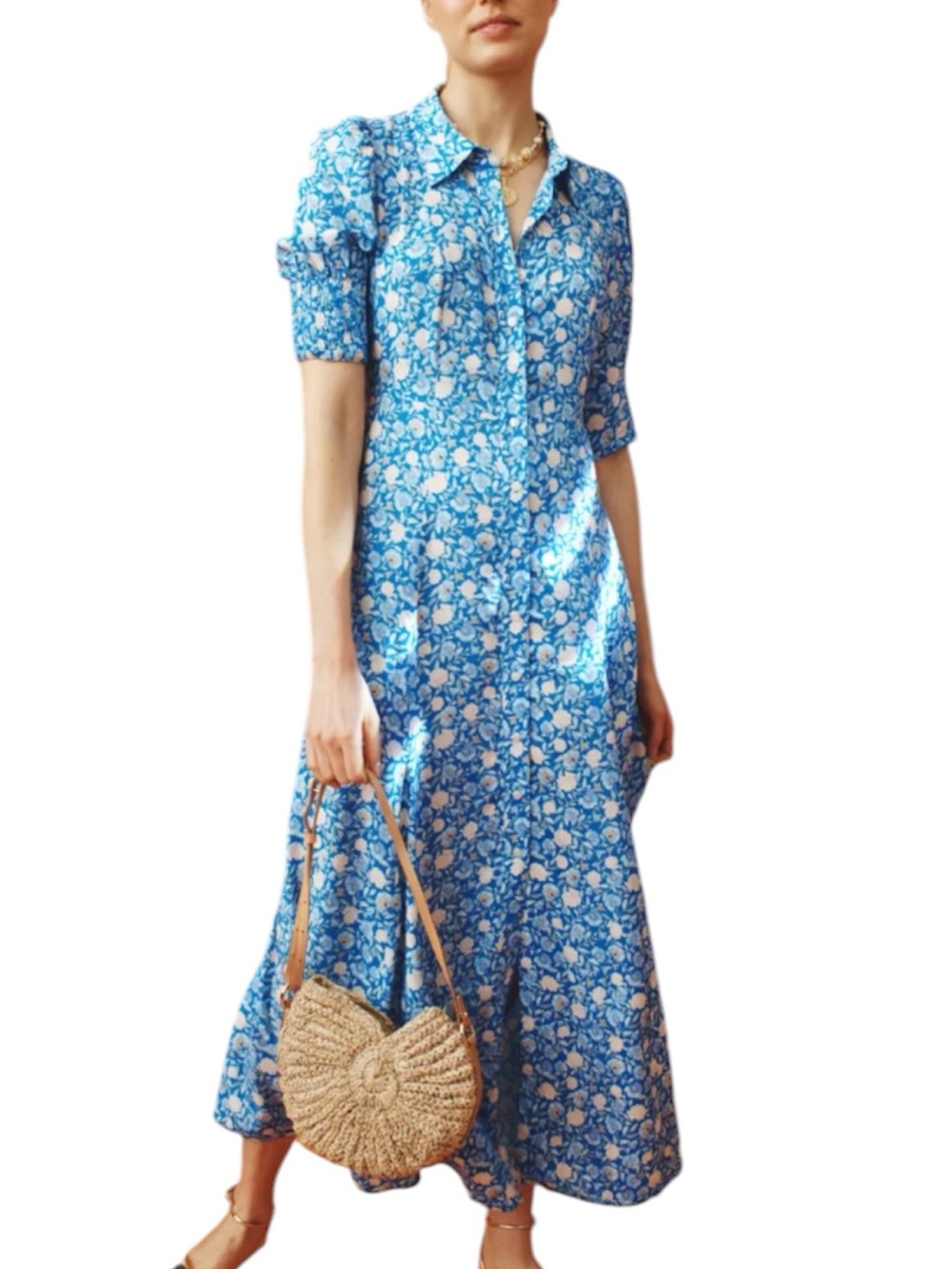RIXO x RTR Bloom Dress M Blue Floral Button Front Maxi Dress Belted